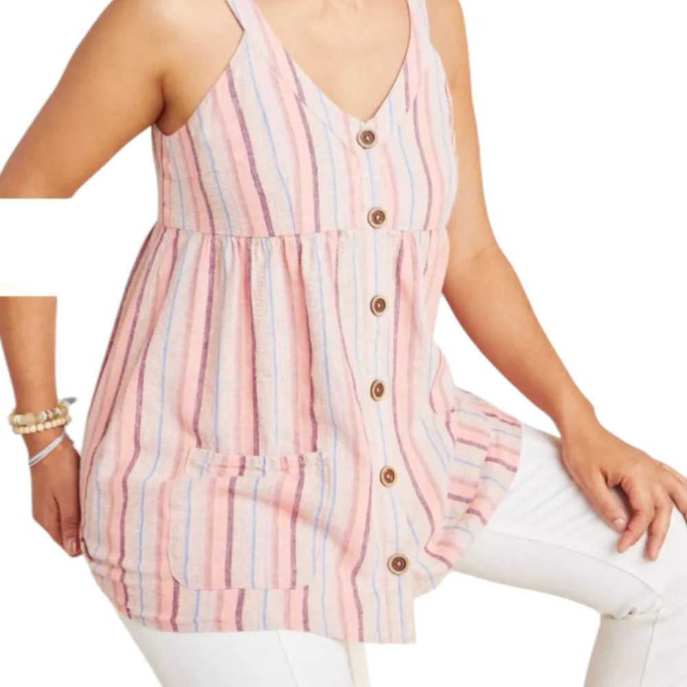 Anthropologie Maeve striped button down tank style top with pockets s…